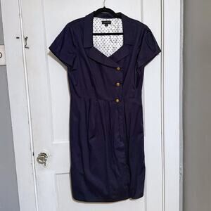 Tahari Navy Sailor Dress Women’s Size 12 Gold Buttons Career Collared Button-up